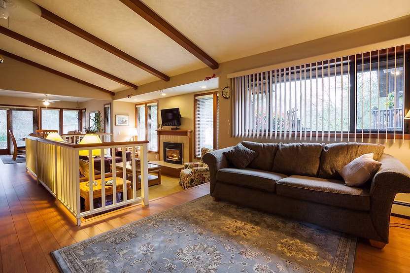 Warm interior design with fireplace