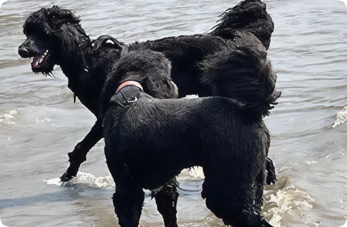 Two dogs splashing at the beach