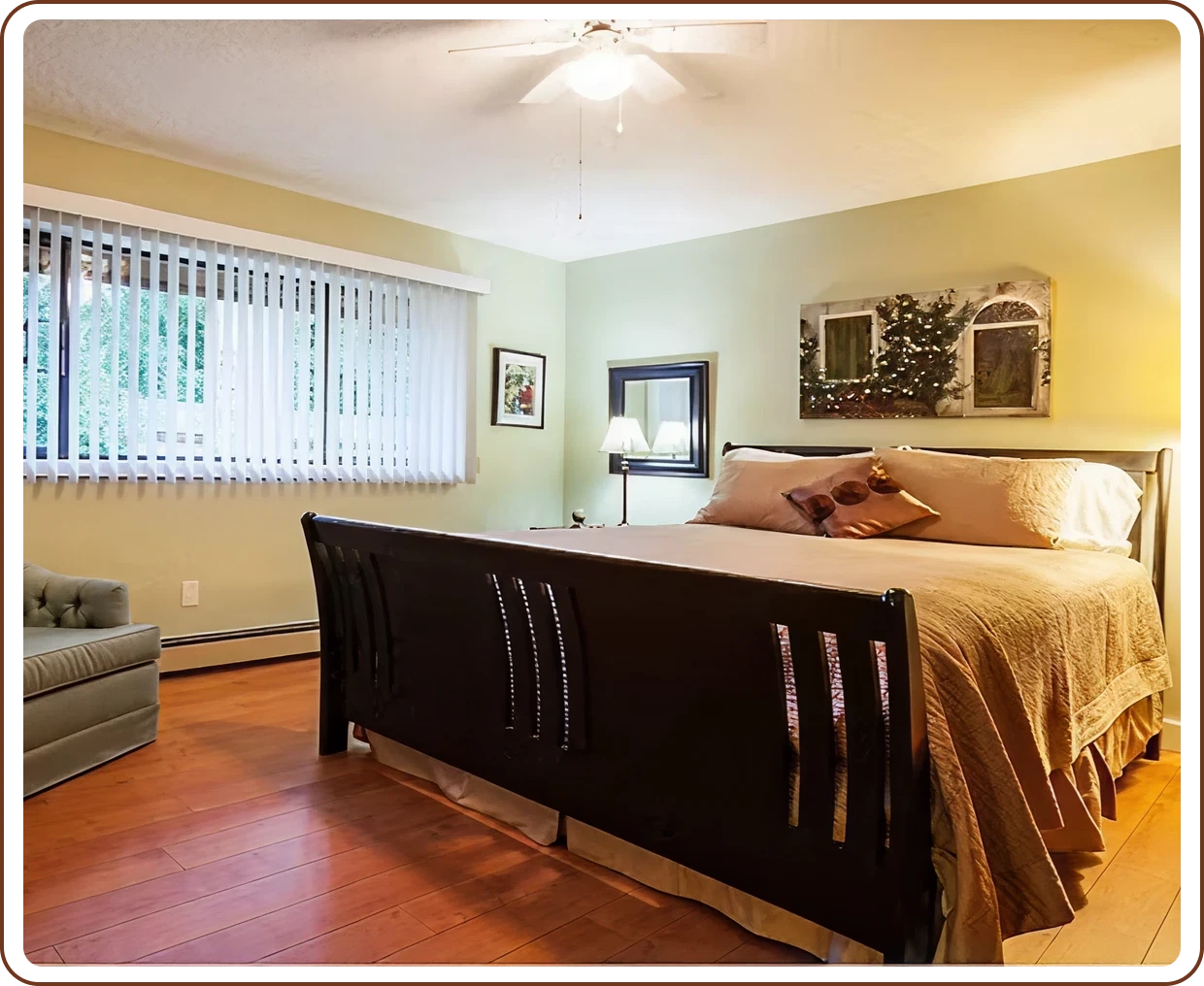 Cozy bedroom with wooden flooring
