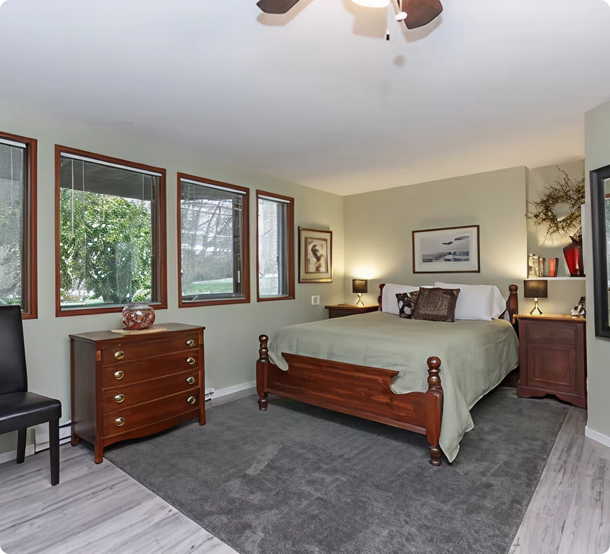 Modern bedroom with wooden furniture