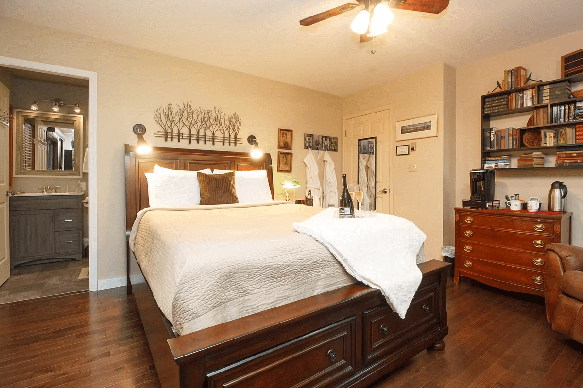 Elegant bedroom decor with bookshelf