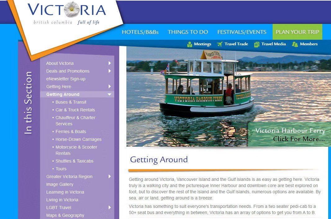 Victoria travel guide webpage with ferry